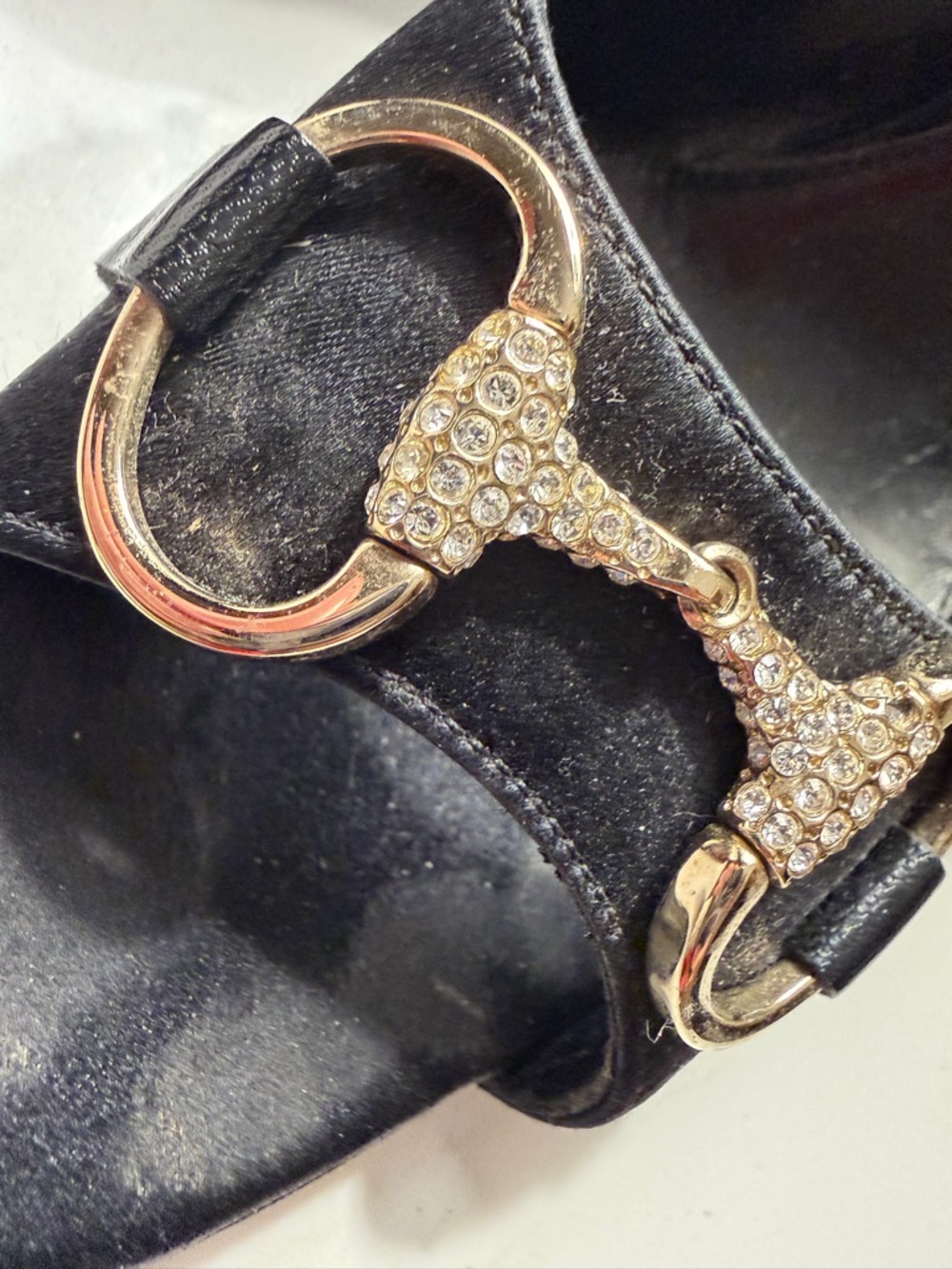 Gucci Black Open-Toe Stiletto Heels with Crystal-Embellished Horsebit - Picture 3 of 9